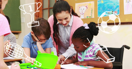 Image of school items over happy caucasian female teacher and diverse pupils. School, education and...