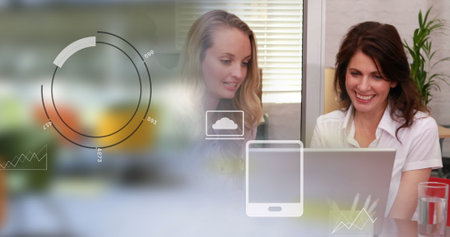 Image of icons and data processing over cityscape and diverse poeple using laptop. Global...