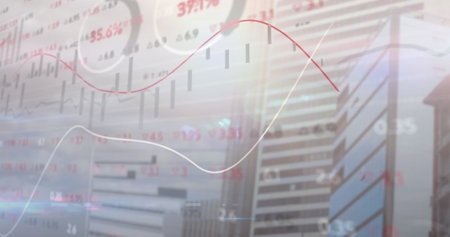 Image of financial data processing over cityscape. Global business and data processing concept digitally generated image.の写真素材