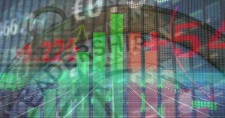 Image of financial data processing over clock. Global business and data processing concept digitally generated image.の写真素材