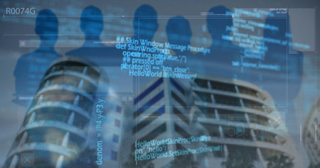 Image of financial data processing over cityscape. Global business and data processing concept digitally generated image.の写真素材