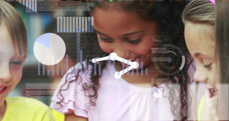 Image of shapes and data processing over diverse schoolchildren. Global education, learning and digital interface concept digitally generated image.の写真素材