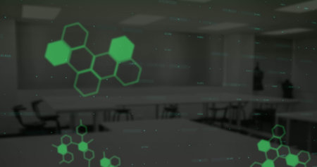 Students sitting at desks, concentrating on their tasks. Green background with hexagonal shapes...
