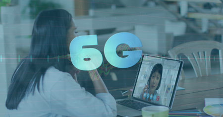Image of 6g text and data processing over biracial businesswoman having image call. Global business...