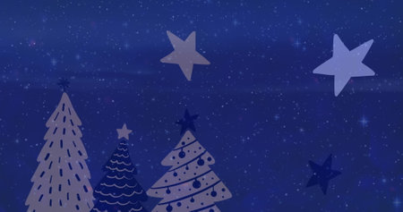 Image of winter scenery over dark blue background. Christmas, tradition and celebration concept digital generated image.の写真素材