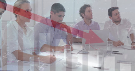 Image of financial data processing and statistics with red arrow over business people. Global...