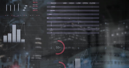 Image of data processing over cityscape. Global business and digital interface concept digitally generated image.の写真素材