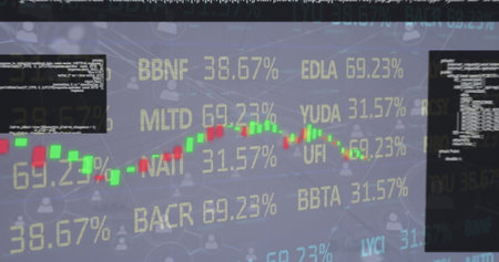 This image shows networks of connections and data processing over screens. image of red and green...