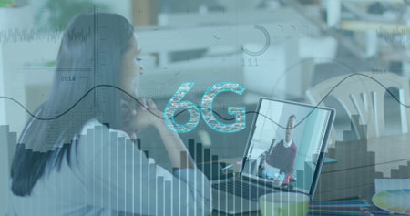 Image of 6g text and data processing over biracial businesswoman having image call. Global business...