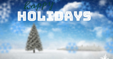 Image of happy holidays over winter scenery. Christmas, tradition and celebration concept digital generated image.の写真素材