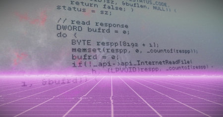 Image of heart icons and globe and data processing over pink grid network on grey background. Global...