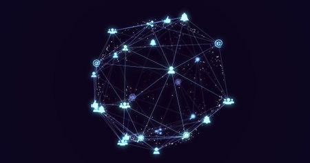 Image of globe of glowing blue digital icons spinning against black background. Global networking and business technology conceptの写真素材
