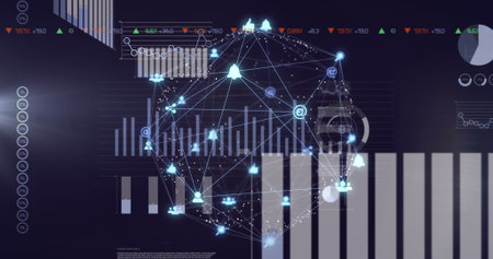 Image of icons connected with lines forming globe and rotating over infographic interface. Digitally...