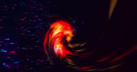Image of glowing orange fire ove spots of light. Light, movement and colour concept digitally generated image.の写真素材