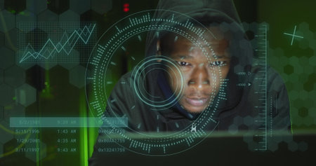 Image of data processing over african american male hacker in server room. Global business, security and digital interface concept digitally generated image.の写真素材