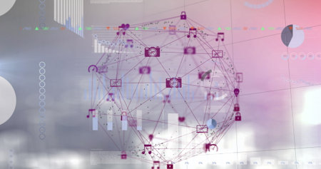 Image of statistical data processing and globe of digital icons against pink gradient background....
