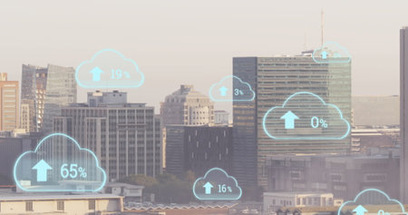 Image of multiple cloud icon with increasing percentage against aerial view of cityscape. Global...