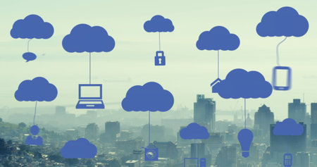 Image of digital clouds with tech icons floating over cityscape. Data, clouds computing, network and...