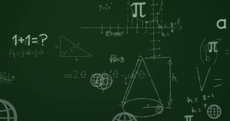 Image of multiple web globe icons and mathematical equations floating against green background....