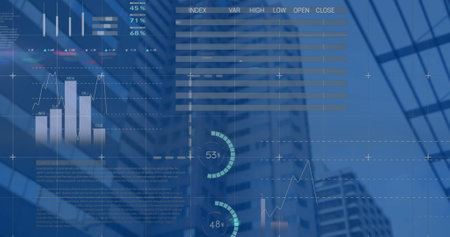 Image of data processing and world map over cityscape. Global business, finances and digital...
