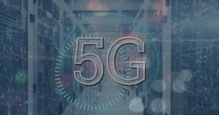 Image of 5g text and scope scanning over city and server room. Global business and digital interface...