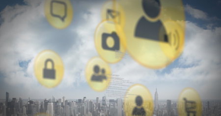 Image of multiple digital icons and data processing against aerial view of cityscape. Computer interface and business technology conceptの写真素材