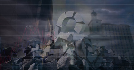 Image of data processing and cityscape over broken pound symbols and dark clouds. Global business and digital interface concept digitally generated image.の写真素材