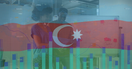Image of flag of azerbaijan over data processing and african american business people in office....
