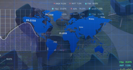Image of map, graphs, trading boards, high angle of diverse coworkers sharing ideas in office....