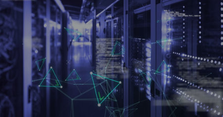 Image of data processing over shapes and server room. Global business and digital interface concept digitally generated image.の写真素材