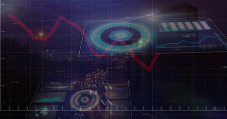 Image of financial data processing over cityscape. Global business, finances, computing and data processing concept digitally generated image.の写真素材
