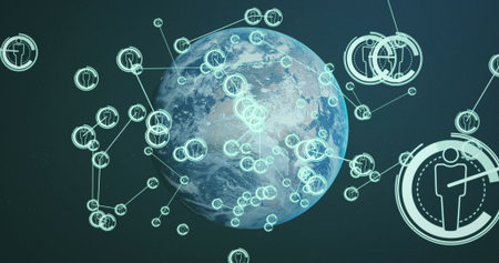 Image of network of connections with icons over globe on black background. Global connections,...