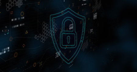 Image of shield with padlock icon and data processing on black background. Technology, online...