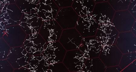 White constellations connecting across dark hexagonal background. Red lines and symbols subtly...