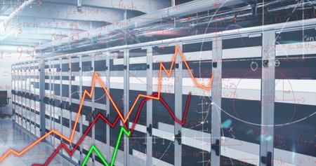 Image of graphs, mathematical equations and diagrams against server room in background. Digital...