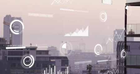 Image of data processing over cityscape. Global business and digital interface concept digitally...