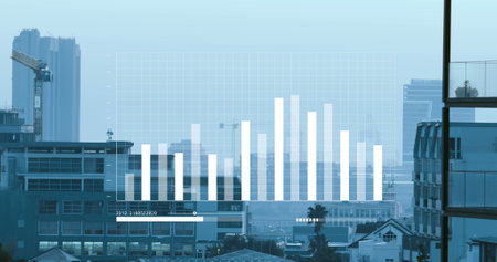 Image of financial data processing over citycape. Global business, finances, computing and data processing concept digitally generated image.の写真素材