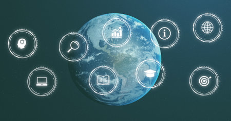 Image of multiple icons over rotating globe against abstract background. Digitally generated, hologram, illustration, globalization, report, business, aim, education and technology concept.の写真素材