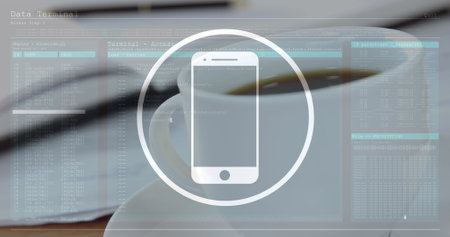 Image of smartphone icon and data processing against close up of a coffee cup. Computer interface and business technology conceptの写真素材