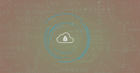 Image of security padlock icon and mathematical equations against purple gradient background. School...