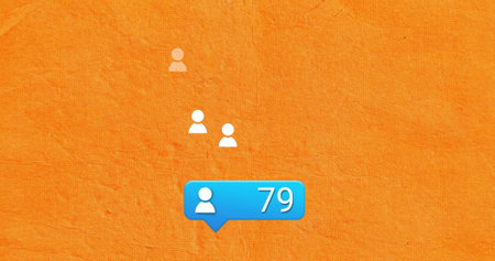 Image of network of connections with people icons and numbers over orange background. Global...