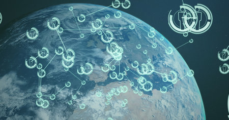 Image of icons connected with lines over globe against abstract background. Digitally generated,...