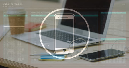 Image of smartphone icon and data processing against close up of equipment on office. Computer...