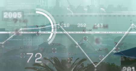 Image of glitch effect over stock market data processing against aerial view of cityscape. Global economy and business technology conceptの写真素材