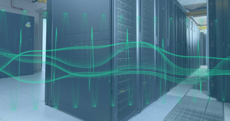 Image of data processing and shapes over server room. Global business and digital interface concept,...
