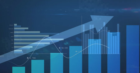 Image of statistical data processing against blue background. Computer interface and business data technology conceptの写真素材