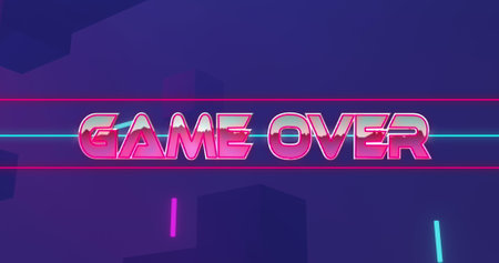 Image of game over text over purple background. Global image game, communication, retro, future, connections and data processing concept digitally generated image.の写真素材