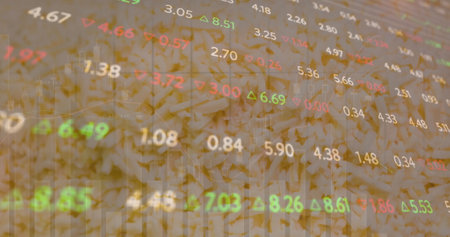 Image of financial data processing over light background. Global business, finances, computing and data processing concept digitally generated image.の写真素材