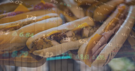 Image of financial data processing over sandwiches. Global business, finances, computing and data processing concept digitally generated image.の写真素材