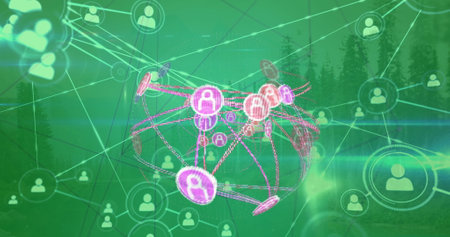 Image of connected icons forming globe aerial view of lake and forest. Digital composite, multiple exposure, communication, nature, abstract and globalization concept.の写真素材
